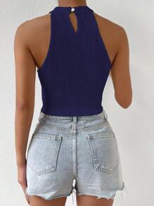 Chiquease Chất rắn Áo Crop Halter - Màu xanh hải quân - Xem 2