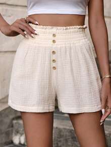 EURMUSE Paperbag Waist Button Detail Shorts - Beige - View 2