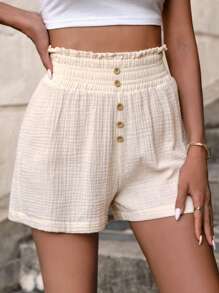 EURMUSE Paperbag Waist Button Detail Shorts - Beige - View 1
