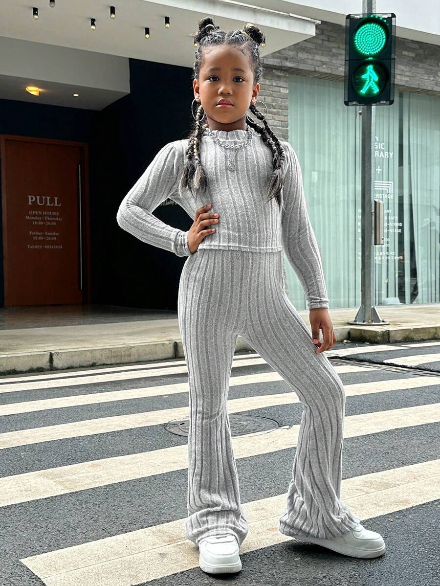 SHEIN Tween Girl 1pc Mock Neck Tee & 1pc Flare Leg Pants - Light Grey - View 1