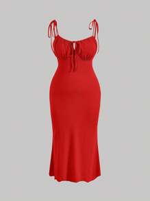 SHEIN MOD Plus Tie Front Ruched Bust Tie Shoulder Cami Dress,Birthday Dresses For Women,Corset Dress For Women - Red - View 1