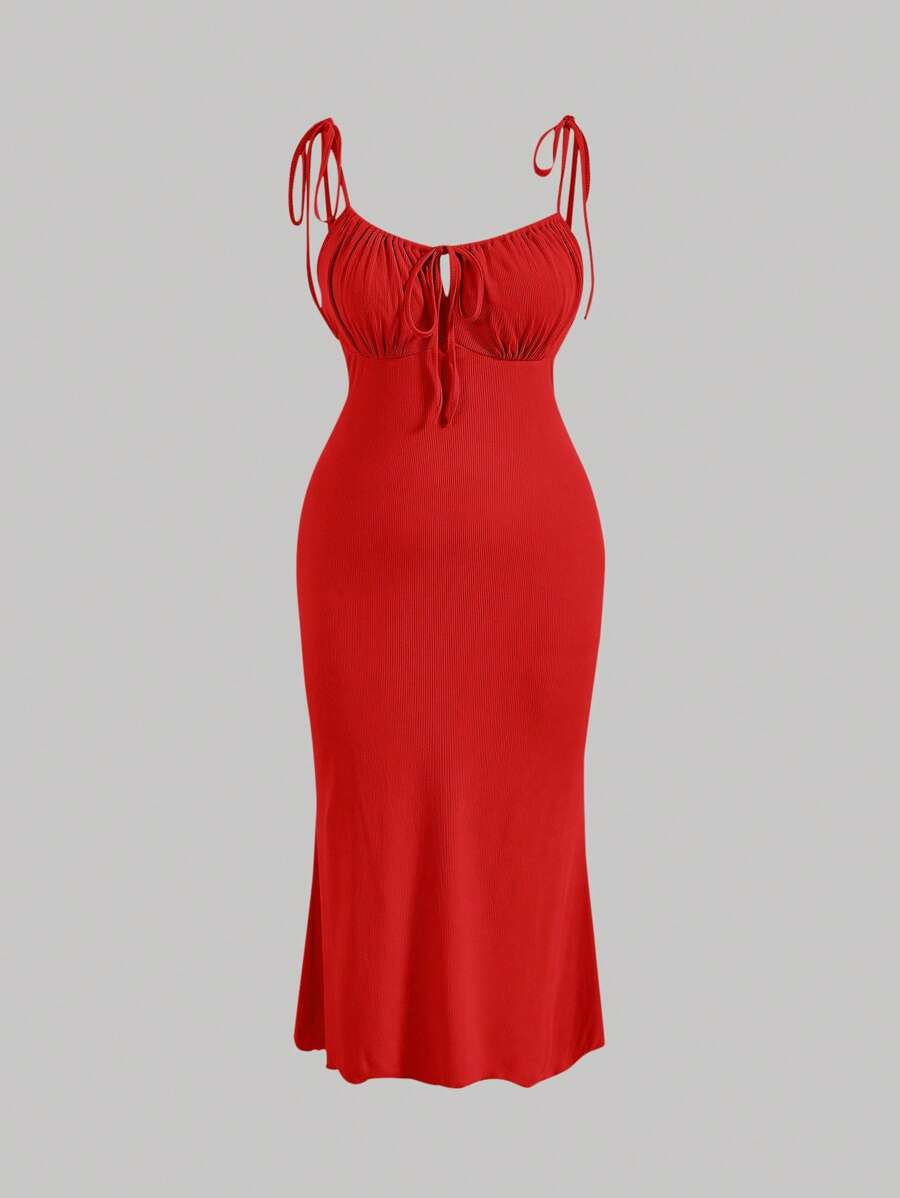 SHEIN MOD Plus Tie Front Ruched Bust Tie Shoulder Cami Dress,Birthday Dresses For Women,Corset Dress For Women - Red - View 1