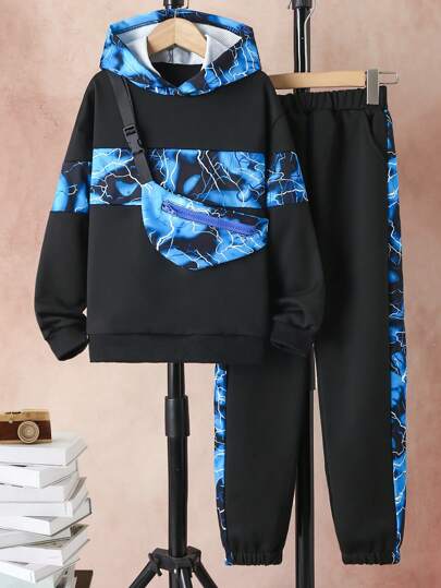SHEIN 男大童燈光印花衛衣和褲子&包