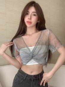 DAZY Áo nữ Xù nhỏ cắt xoắn lại màu trơn Giải trí - Màu Xám nhạt - Xem 1