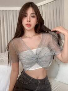 DAZY Áo nữ Xù nhỏ cắt xoắn lại màu trơn Giải trí - Màu Xám nhạt - Xem 4