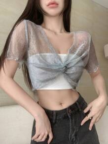 DAZY Áo nữ Xù nhỏ cắt xoắn lại màu trơn Giải trí - Màu Xám nhạt - Xem 7