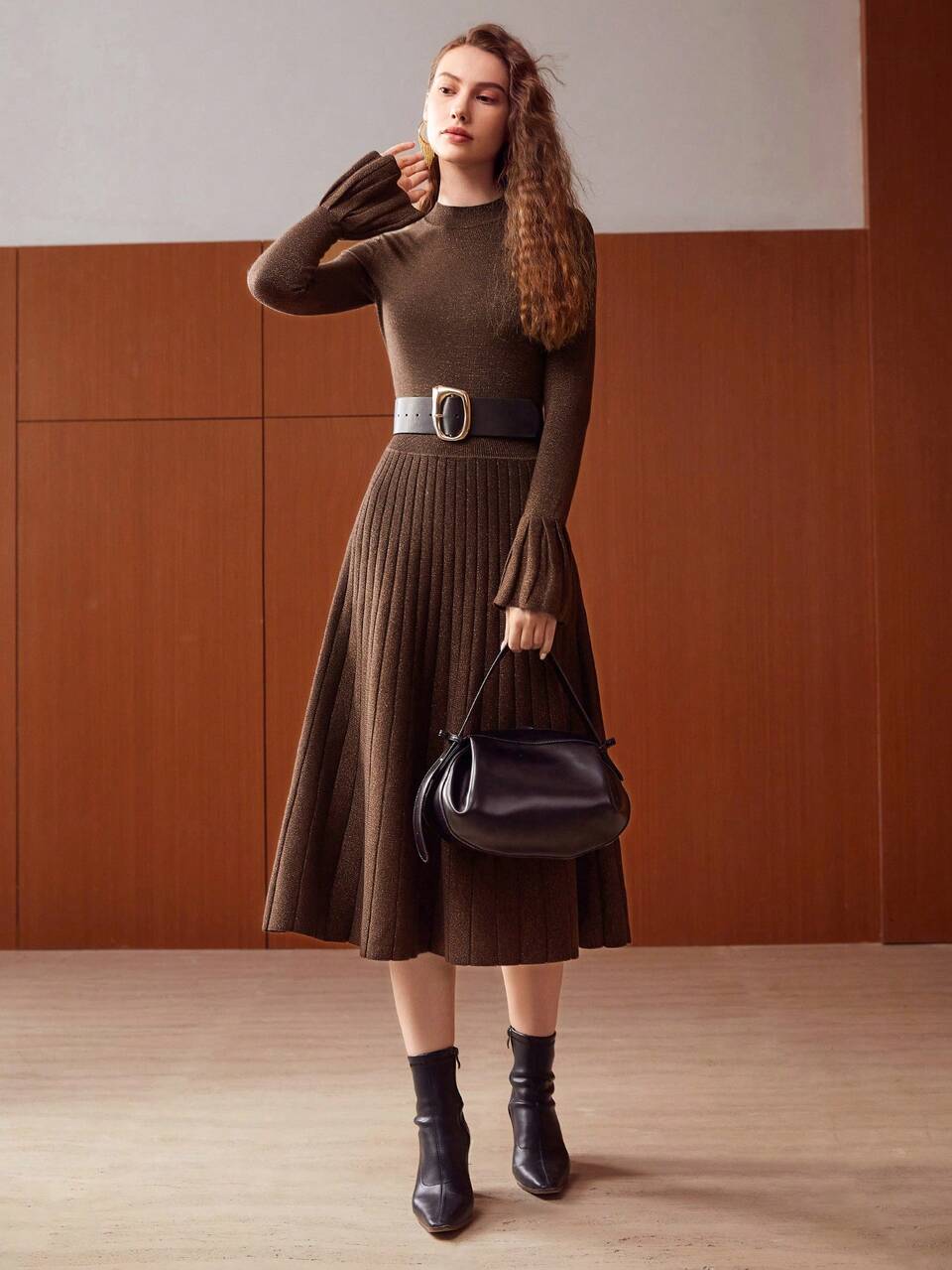 MOTF GLITTER KNIT FLARE SLEEVE DRESS WITHOUT BELT