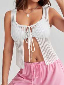 Muchica Tie Front Ribbed Knit Knot Front Crop Cardigan Without Bra - White - View 1