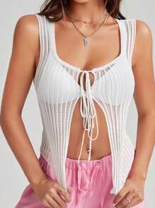 Muchica Tie Front Ribbed Knit Knot Front Crop Cardigan Without Bra - White - View 6