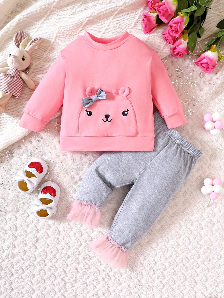 Bebé niña Sudadera con estampado de dibujos animados con diseño de orejas 3D & Pantalones de malla bajo con fruncido - Multicolor - Ver 1