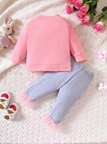 Bebé niña Sudadera con estampado de dibujos animados con diseño de orejas 3D & Pantalones de malla bajo con fruncido - Multicolor - Ver 2