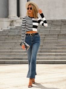 RueChic Striped Pattern Crop Jumper - Black and White - View 3