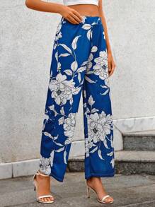 EURMUSE Floral Print Wide Leg Pants - Blue - View 1