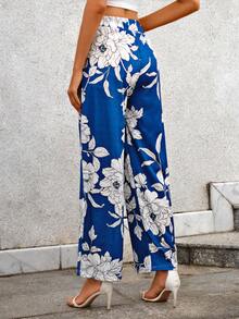 EURMUSE Floral Print Wide Leg Pants - Blue - View 2