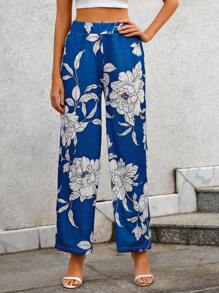 EURMUSE Floral Print Wide Leg Pants - Blue - View 4
