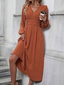 EMERY ROSE Swiss Dot Surplice Neck Lantern Sleeve Ruched Waist Dress Maxi Women Outfit - Rust Brown - View 4