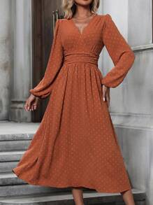 EMERY ROSE Swiss Dot Surplice Neck Lantern Sleeve Ruched Waist Dress Maxi Women Outfit - Rust Brown - View 5