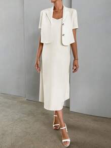 SHEIN Essnce 素色吊帶連衣裙&單排釦西裝外套 - 杏色 - 查看 1