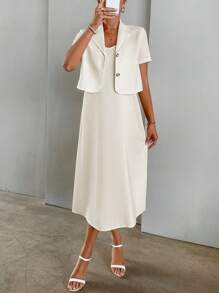 SHEIN Essnce 素色吊帶連衣裙&單排釦西裝外套 - 杏色 - 查看 4