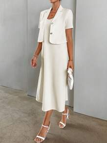 SHEIN Essnce 素色吊帶連衣裙&單排釦西裝外套 - 杏色 - 查看 7