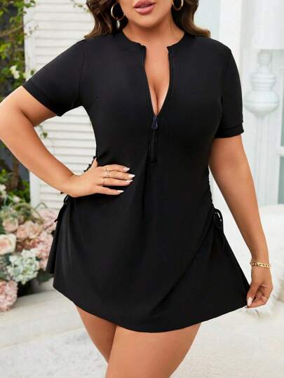 Swim Lushoire Summer Beach Plus Size Zip Front Drawstring Side Swim Dress With Short Sleeve