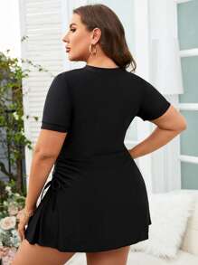 Swim Lushoire Vestido de baño de manga corta con cremallera frontal y cordón lateral para tallas grandes, ideal para la playa de verano - Negro - Ver 2