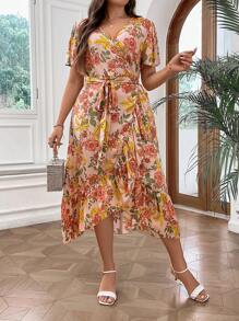 SHEIN Holidaya 大碼印花蝴蝶袖荷葉邊圍裹繫腰帶連衣裙 - 彩色 - 查看 4