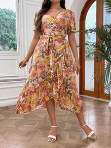 SHEIN Holidaya 大碼印花蝴蝶袖荷葉邊圍裹繫腰帶連衣裙 - 彩色 - 查看 5