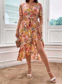 SHEIN Holidaya 大碼印花蝴蝶袖荷葉邊圍裹繫腰帶連衣裙 - 彩色 - 查看 8