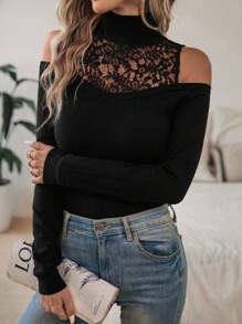 SHEIN Clasi Contrast Lace Cold Shoulder Sweater In Fall/Winter - Black - View 1