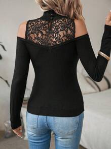 SHEIN Clasi Contrast Lace Cold Shoulder Sweater In Fall/Winter - Black - View 2