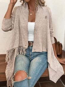SHEIN LUNE Space Dye Fringe Trim Button Detail Wrap Hem Cowl Neck Cardigan Fall Winter Cloth For Women - Khaki - View 5