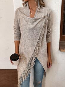 SHEIN LUNE Space Dye Fringe Trim Button Detail Wrap Hem Cowl Neck Cardigan Fall Winter Cloth For Women - Khaki - View 6