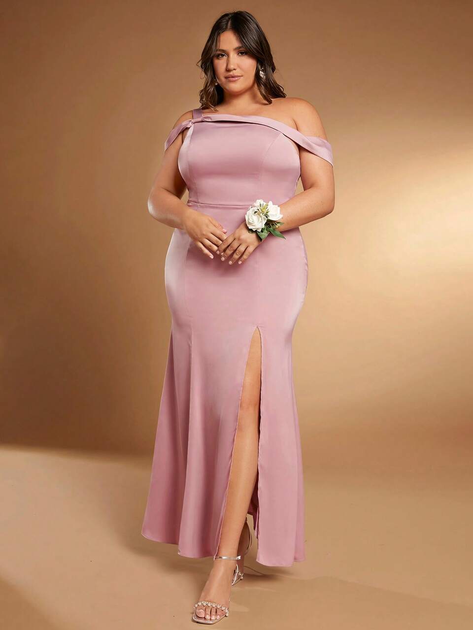 Plus Asymmetrical Neck Split Thigh Bridesmaid Dress