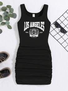SHEIN Teen Girl Letter Graphic Ruched Dress - Black - View 1