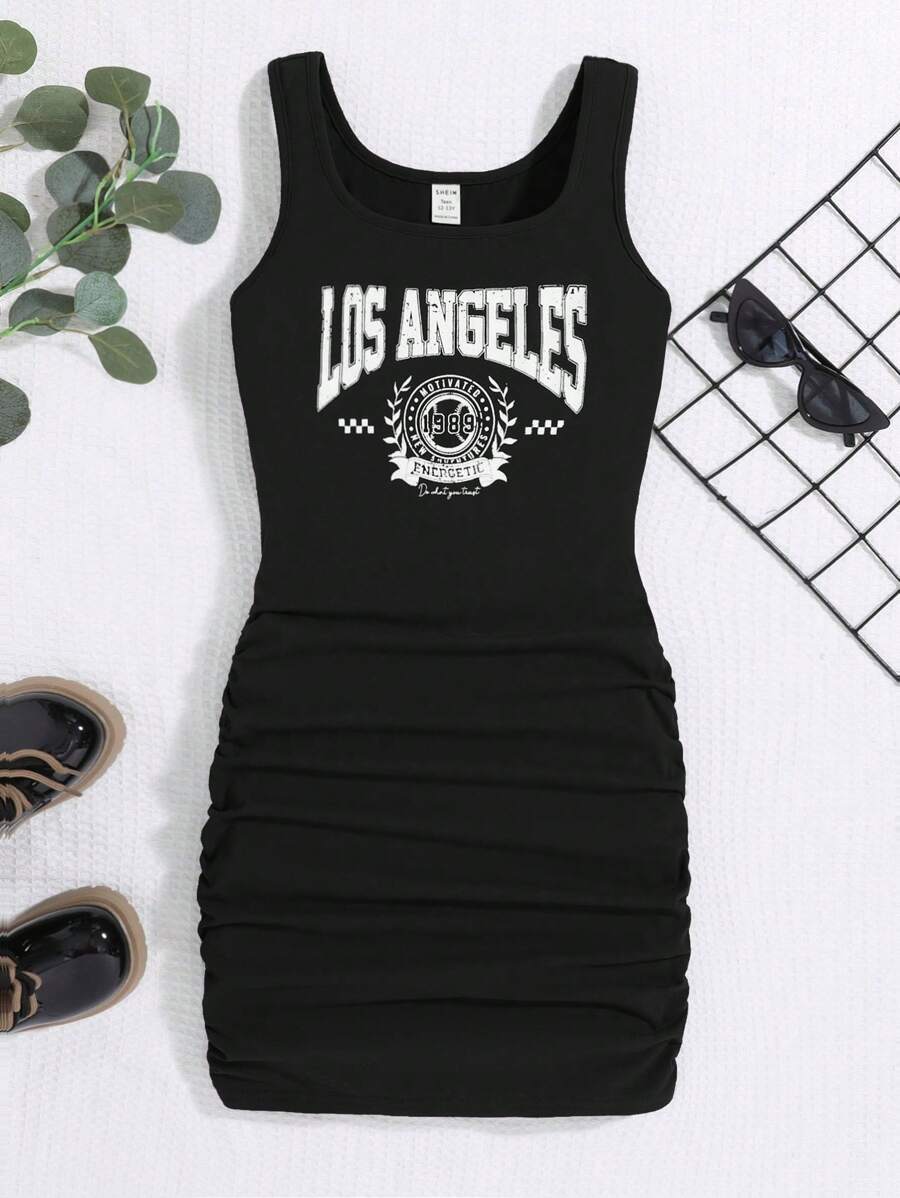 SHEIN Teen Girl Letter Graphic Ruched Dress - Black - View 1
