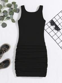 SHEIN Teen Girl Letter Graphic Ruched Dress - Black - View 2