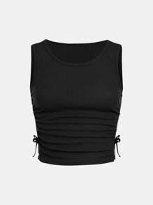 SHEIN 少女實色側邊束口背心，夏季款 - 黑色 - 查看 1