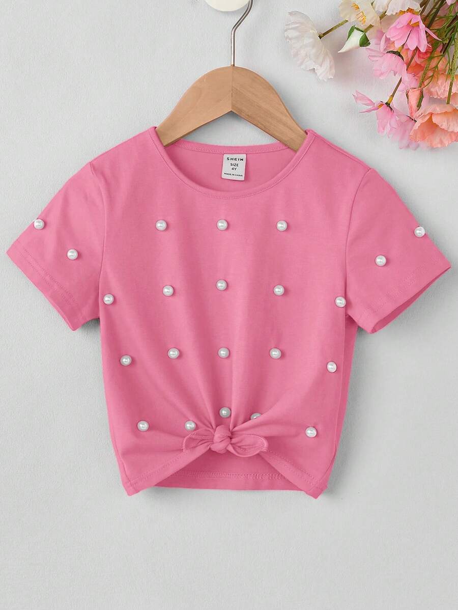 SHEIN Camiseta de manga corta con cuello redondo y decoración de perlas para niñas jóvenes - Rosa - Ver 1