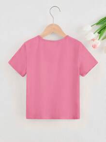 SHEIN Camiseta de manga corta con cuello redondo y decoración de perlas para niñas jóvenes - Rosa - Ver 2