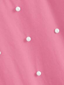 SHEIN Camiseta de manga corta con cuello redondo y decoración de perlas para niñas jóvenes - Rosa - Ver 3