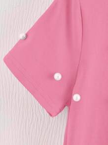 SHEIN Camiseta de manga corta con cuello redondo y decoración de perlas para niñas jóvenes - Rosa - Ver 4