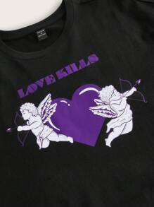 VERTIGO222 Áo thun nữ Con số Tim Giải trí - màu đen - Xem 2