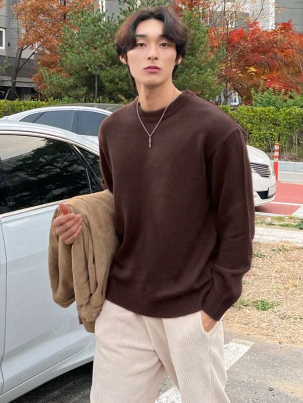 DAZY Men Solid Drop Shoulder Brown  Fall Sweater