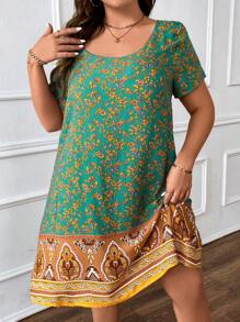 SHEIN Clasi 大碼印花大圓領直筒連衣裙 - 彩色 - 查看 1