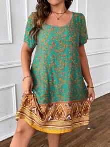 SHEIN Clasi 大碼印花大圓領直筒連衣裙 - 彩色 - 查看 3