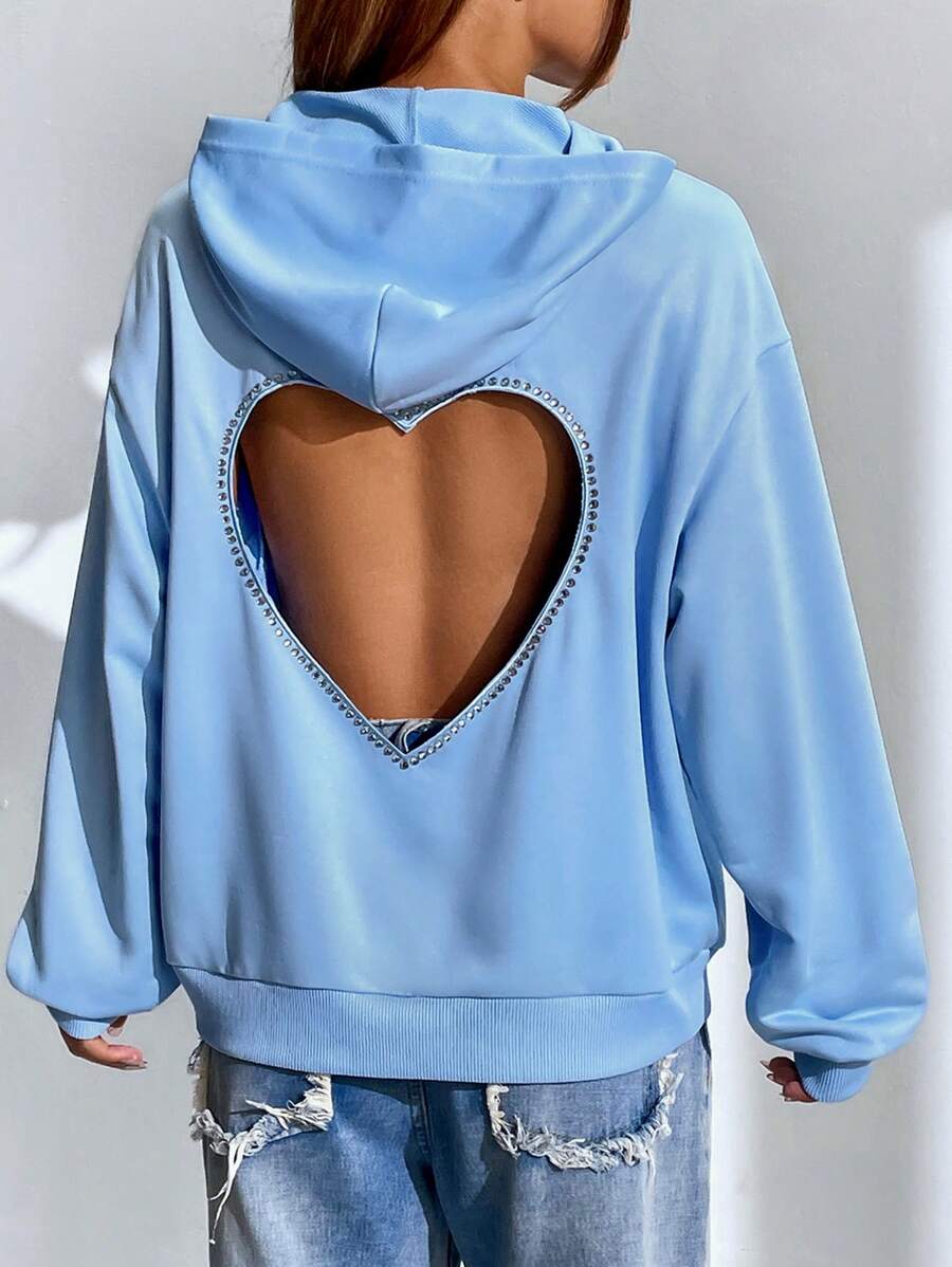 SHEIN Qutie Heart Cut Out Back Drop Shoulder Hoodie - Blue - View 1