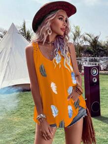 SHEIN VCAY Feather Print Hollow Out Blouse - Orange - View 4