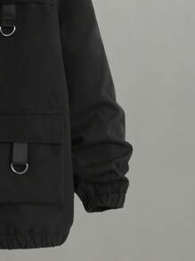 SHEIN 男大童1入組翻蓋口袋拉鏈開襟夾克 - 黑色 - 查看 3