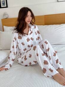 DAZY Cartoon Bear Print Drop Shoulder PJ Set White Set - White - View 1